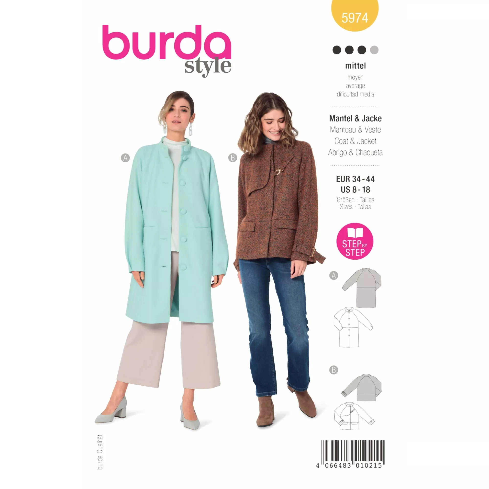Burda Schnittmuster, Jacke & Mantel mit Raglanärmeln und Stehkragen