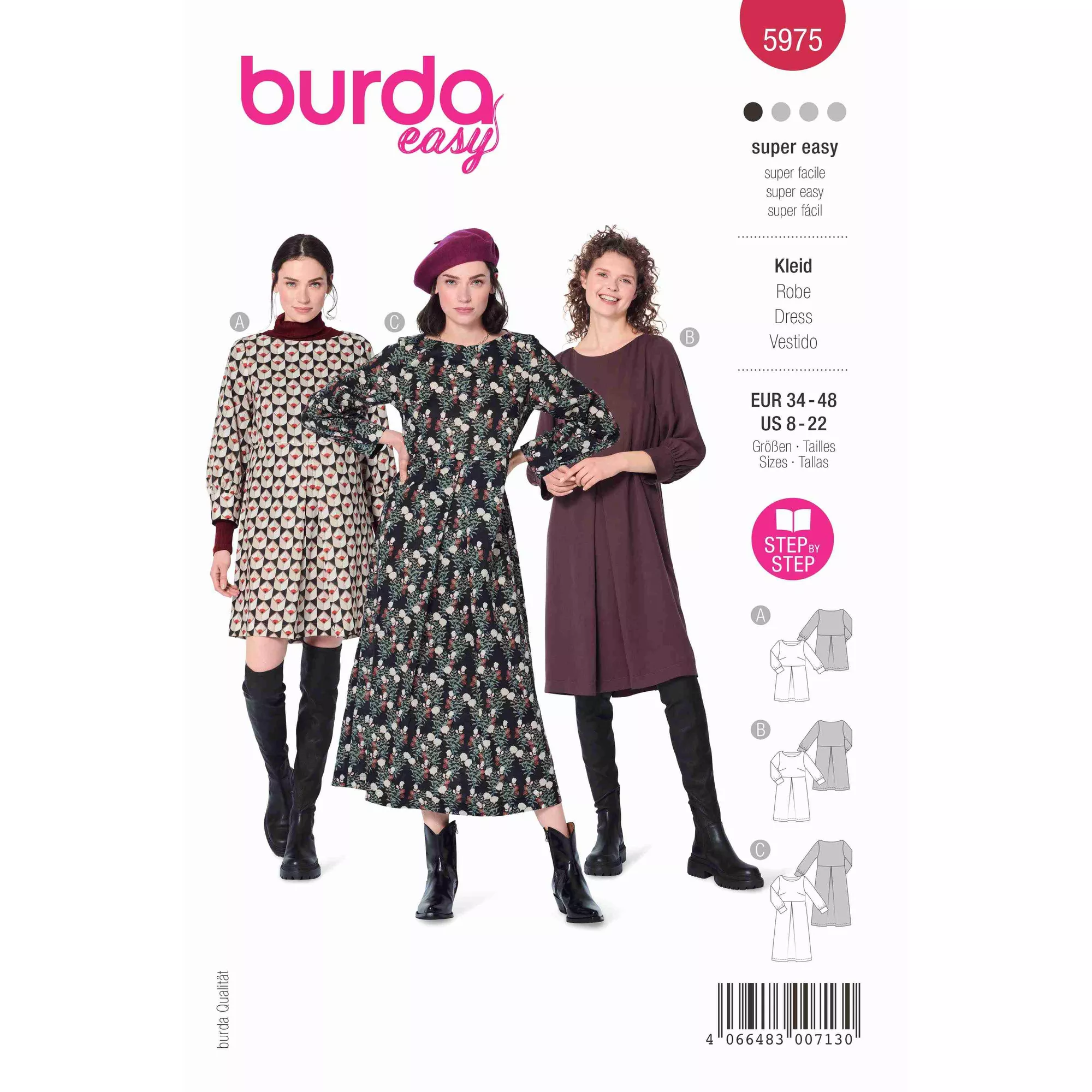 Burda Schnittmuster, Kleid mit U-Boot-Ausschnitt und Bündchenärmeln