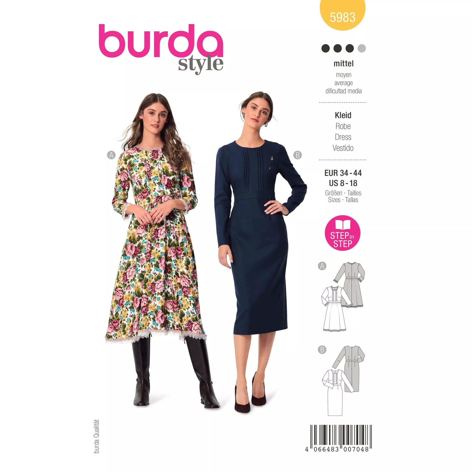 Burda Schnittmuster, Kleid mit Taillenbund und weitem oder engem Rock