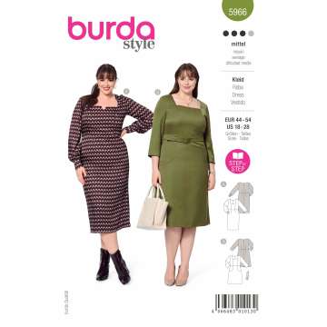 Burda Schnittmuster, Kleid – Karree-Ausschnitt mit Teilungsnähten